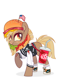 Size: 1280x1647 | Tagged: safe, alternate version, artist:syriskater, imported from derpibooru, oc, oc only, oc:patty (ice1517), earth pony, pony, american flag, bag, burger, cheese, clothes, converse, cup, female, flag, food, freckles, hat, heart eyes, jersey, ketchup, lettuce, mare, markings, raised hoof, sauce, shoes, simple background, socks, soda, solo, tomato, transparent background, wingding eyes