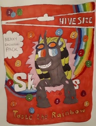 Size: 1155x1511 | Tagged: safe, artist:rapidsnap, imported from derpibooru, oc, oc only, oc:nekky, changeling, candy, changeling oc, food, grin, heterochromia, skittles, smiling, solo, traditional art