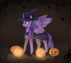 Size: 999x890 | Tagged: safe, alternate version, artist:malinaartsdrawings, imported from derpibooru, twilight sparkle, alicorn, pony, spider, clothes, costume, female, halloween, hat, holiday, jack-o-lantern, mare, pumpkin, solo, twilight sparkle (alicorn), witch, witch hat