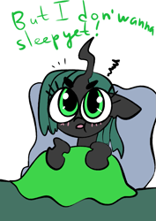 Size: 755x1069 | Tagged: safe, artist:tempestintheponyvile, imported from derpibooru, queen chrysalis, changeling, changeling queen, bed, blanket, blushing, cute, cutealis, dialogue, female, open mouth, pillow, quadrupedal, solo, younger