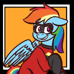 Size: 1280x1280 | Tagged: safe, artist:doodling-is-magic, imported from derpibooru, rainbow dash, pegasus, pony, clothes, cosplay, costume, crossover, dash parr, female, mare, no pupils, pun, smiling, solo, superhero costume, the incredibles