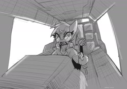 Size: 2000x1414 | Tagged: safe, artist:satv12, imported from derpibooru, oc, oc only, oc:blackjack, pony, robot, unicorn, fallout equestria, fallout equestria: project horizons, clothes, cockpit, horn, jumpsuit, monochrome, small horn, solo, vault suit