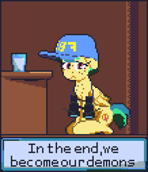 Size: 436x508 | Tagged: safe, artist:cammy, artist:dinexistente, imported from derpibooru, oc, oc only, oc:apogee, pegasus, pony, binoculars, fbi, female, filly, glass of milk, halloween, hat, holiday, milk, pixel art, sad, sitting, solo, text