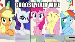 Size: 600x337 | Tagged: safe, edit, edited screencap, imported from derpibooru, screencap, applejack, fluttershy, pinkie pie, rainbow dash, rarity, earth pony, pegasus, pony, unicorn, sparkle's seven, caption, choose your wife, eyes closed, female, friendship throne, image macro, mare, memeful.com, text