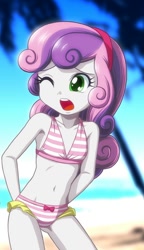 Size: 712x1234 | Tagged: safe, artist:uotapo, edit, imported from derpibooru, sweetie belle, equestria girls, belly button, bikini, clothes, cropped, cute, diasweetes, female, midriff, one eye closed, solo, striped bikini, striped swimsuit, swimsuit