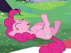 Size: 738x554 | Tagged: safe, imported from derpibooru, screencap, pinkie pie, earth pony, pony, lesson zero, season 2, animated, butt, cropped, cute, diapinkes, eyes closed, female, gif, hoofy-kicks, laughing, laughingmares.jpg, mare, on back, open mouth, plot, solo