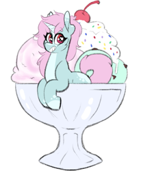 Size: 503x611 | Tagged: safe, artist:liefsong, imported from derpibooru, oc, oc only, oc:scoops, pony, unicorn, blaze (coat marking), cherry, coat markings, facial markings, female, food, freckles, heart eyes, ice cream, mare, markings, solo, sprinkles, unicorn oc, wingding eyes