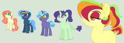 Size: 3815x1343 | Tagged: safe, artist:theredbeauty, imported from derpibooru, oc, oc only, oc:apple blossom, oc:emerald spectacle, oc:golden spirit, oc:storm breaker, oc:sugar swirl, dracony, earth pony, hybrid, pegasus, pony, unicorn, base used, blank flank, colored pupils, female, interspecies offspring, next generation, offspring, parent:applejack, parent:big macintosh, parent:fluttershy, parent:pinkie pie, parent:pokey pierce, parent:rainbow dash, parent:rarity, parent:soarin', parent:spike, parents:fluttermac, parents:pokeypie, parents:soarindash, parents:sparity