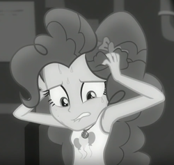 Size: 981x931 | Tagged: safe, imported from derpibooru, screencap, pinkie pie, equestria girls, equestria girls series, rarity investigates: the case of the bedazzled boot, armpits, black and white, clothes, cropped, female, geode of sugar bombs, grayscale, hands on head, lip bite, magical geodes, monochrome, nervous, noir, rarity investigates (eqg): pinkie pie, solo, stressed, sweat, tanktop, teeth