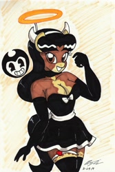 Size: 1982x2974 | Tagged: safe, artist:newyorkx3, imported from derpibooru, oc, oc:crystal, anthro, earth pony, alice angel, anthro oc, bendy and the ink machine, breasts, busty crystal, cleavage, clothes, costume, digital art, evening gloves, female, gloves, long gloves, mare, smiling, solo, traditional art