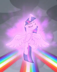 Size: 389x492 | Tagged: safe, imported from derpibooru, screencap, twilight sparkle, alicorn, pony, the ending of the end, cropped, eyes closed, female, floating, magic, magic aura, magic of friendship, mare, pose, rainbow of harmony, smiling, solo, spread wings, twilight sparkle (alicorn), wings