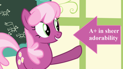 Size: 1280x720 | Tagged: safe, edit, edited screencap, imported from derpibooru, screencap, cheerilee, earth pony, pony, flight to the finish, a+, arrow, captain obvious, chalkboard, cheeribetes, cute, female, mare, ponyville schoolhouse, raised hoof, solo, text