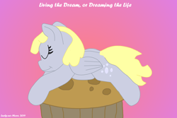 Size: 972x648 | Tagged: safe, artist:lurks-no-more, imported from derpibooru, derpy hooves, pegasus, pony, female, food, happy birthday mlp:fim, mlp fim's ninth anniversary, muffin, sleeping, solo