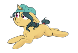 Size: 2668x1828 | Tagged: safe, artist:pucksterv, imported from derpibooru, fresh coat, pony, unicorn, backwards ballcap, baseball cap, cap, colored sketch, cute, floppy ears, hat, prone, sketch, solo