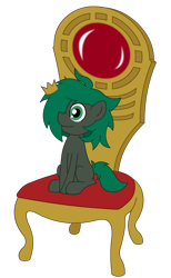 Size: 800x1300 | Tagged: safe, artist:minus, derpibooru exclusive, imported from derpibooru, oc, oc only, oc:minus, earth pony, pony, colt quest, colored, colt, crown, cute, digital art, foal, green eyes, hair over one eye, happy, happy birthday mlp:fim, jewelry, male, mlp fim's ninth anniversary, regalia, simple background, sitting, smiling, solo, throne, transparent background, vector