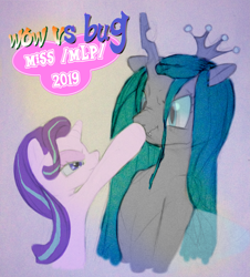 Size: 2137x2366 | Tagged: safe, artist:anonymous, imported from derpibooru, queen chrysalis, starlight glimmer, changeling, pony, unicorn, /mlp/, 4chan, boop, bracket, do not want, duo, female, glare, mare, meme, miss /mlp/, miss /mlp/ 2019, nose wrinkle, scrunchy face, wow, wow! glimmer