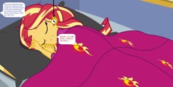 Size: 1280x644 | Tagged: safe, edit, edited screencap, editor:thomasfan45, imported from derpibooru, screencap, sunset shimmer, equestria girls, equestria girls series, wake up!, spoiler:eqg series (season 2), bed, blanket, clothes, cute, female, frayed hair, hypnosis, hypnotized, implied rarity, maid, obedience, offscreen character, pillow, pocket watch, request, rv, sleeping, solo, speech bubble, story included