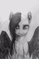 Size: 2442x3648 | Tagged: safe, artist:thatdreamerarts, imported from derpibooru, fluttershy, pegasus, pony, bust, female, front view, full face view, grayscale, looking at you, mare, monochrome, portrait, solo, spread wings, stray strand, traditional art, wings