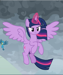 Size: 798x943 | Tagged: safe, imported from derpibooru, screencap, gallus, twilight sparkle, alicorn, griffon, pony, the ending of the end, cropped, female, flying, glowing horn, horn, mare, solo focus, spread wings, twilight is not amused, twilight sparkle (alicorn), twilight sparkle is not amused, unamused, windswept mane, wings