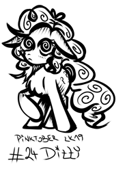 Size: 2298x3085 | Tagged: safe, artist:coco-drillo, imported from derpibooru, pinkie pie, earth pony, pony, chest fluff, dizzy, female, floppy ears, inktober, monochrome, pinktober, ponk, solo, swirls, swirly eyes, unstable