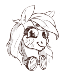 Size: 534x635 | Tagged: safe, artist:skrapbox, imported from derpibooru, rainbow dash, pegasus, pony, bust, female, goggles, monochrome, portrait, sketch, solo