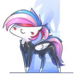 Size: 681x681 | Tagged: safe, artist:justafallingstar, imported from derpibooru, oc, oc only, oc:northstar, pegasus, pony, chibi, multicolored hair, rainbow hair, rubber suit, solo, sweat, sweating profusely, wetsuit