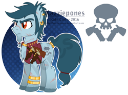 Size: 1024x757 | Tagged: safe, artist:kazziepones, imported from derpibooru, oc, oc only, oc:flintloch, oc:flintlock, earth pony, pony, clothes, gun, handgun, male, pistol, solo, stallion, vest