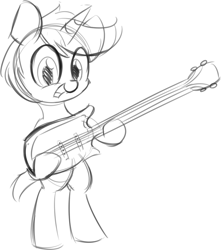 Size: 976x1102 | Tagged: safe, artist:taurson, imported from derpibooru, oc, oc only, oc:coffee, pony, unicorn, cute, electric guitar, grin, guitar, lineart, musical instrument, sketch, smiling, solo