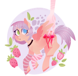 Size: 3172x3122 | Tagged: safe, artist:queennutti, imported from derpibooru, oc, oc only, pegasus, pony, abstract background, candy gore, clothes, colored hooves, food, fork, gore, heterochromia, jewelry, necklace, pegasus oc, socks, solo, strawberry, striped socks, wings, ych result