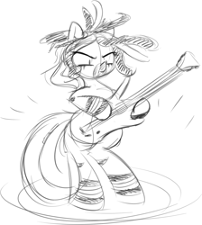 Size: 1343x1496 | Tagged: source needed, safe, artist:taurson, imported from derpibooru, oc, oc only, oc:silver needle, pony, dreadlocks, electric guitar, guitar, hair beads, headbang, musical instrument, sketch, solo