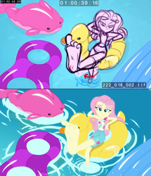 Size: 1193x1385 | Tagged: safe, edit, imported from derpibooru, fluttershy, human, equestria girls, equestria girls series, i'm on a yacht, spoiler:eqg series (season 2), animatic, barefoot, behind the scenes, comparison, feet, flutterfeet, legs, soles, storyboard, swimming pool, wiggling toes