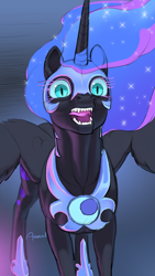 Size: 1080x1920 | Tagged: safe, artist:arareroll, imported from derpibooru, nightmare moon, alicorn, pony, ethereal mane, fangs, female, helmet, hoof shoes, mare, open mouth, peytral, signature, solo, starry mane, teeth