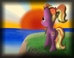 Size: 3068x2419 | Tagged: safe, artist:php124, artist:thevintagepone, imported from derpibooru, luster dawn, pony, unicorn, the last problem, female, ocean, rear view, rising sun, shore, solo, sun