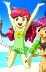 Size: 391x616 | Tagged: safe, artist:uotapo, edit, editor:thomasfan45, imported from derpibooru, apple bloom, scootaloo, silver spoon, human, equestria girls, adorabloom, armpits, arms in the air, bare arms, bare shoulders, barefoot, beach, clothes, cropped, cute, feet, jumping, legs, one-piece swimsuit, open mouth, sexy, solo focus, squirt gun, swimsuit