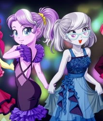 Size: 453x532 | Tagged: safe, artist:uotapo, edit, editor:thomasfan45, imported from derpibooru, diamond tiara, silver spoon, equestria girls, backless, bare shoulders, clothes, cropped, cute, diamondbetes, dress, duo, duo female, female, formal wear, glasses, holding hands, looking at you, open mouth, ponytail, ruffles, scrunchie, silverbetes, turned head