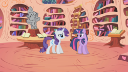 Size: 1280x720 | Tagged: safe, edit, edited screencap, imported from derpibooru, screencap, rarity, spike, twilight sparkle, pony, unicorn, look before you sleep, molt down, abuse, golden oaks library, implied grimdark, petrification, spikeabuse, statue, unicorn twilight