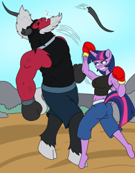 Size: 1250x1600 | Tagged: safe, artist:linedraweer, imported from derpibooru, lord tirek, twilight sparkle, alicorn, anthro, unguligrade anthro, fighting is magic, beard, belly punch, blood, boxing, boxing gloves, broken horn, broken teeth, clothes, comic, commission, facial hair, female, fight, horn, horns, male, mare, midriff, muscles, punch, size difference, spitting, sports, sports bra, twilight sparkle (alicorn), twilight vs tirek, uppercut, wings