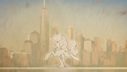 Size: 1920x1080 | Tagged: safe, artist:feather-ponyart, imported from derpibooru, coco pommel, earth pony, pegasus, pony, city, female, happy, new york, new york city, puddle, rain, smiling, solo, united states