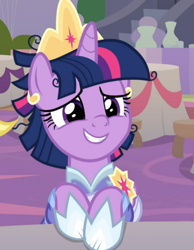 Size: 700x900 | Tagged: safe, imported from derpibooru, screencap, twilight sparkle, alicorn, pony, the last problem, alternate hairstyle, cropped, crown, female, jewelry, mare, messy mane, regalia, second coronation dress, smiling, solo, twilight sparkle (alicorn)