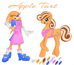 Size: 1024x901 | Tagged: safe, artist:spqr21, imported from derpibooru, earth pony, hybrid, pony, apron, clothes, dress, female, housewife, mare, naked apron, one eye closed, parent:applejack, parent:knuckles the echidna, raised hoof, reference sheet, shoes, simple background, stepford wife, transparent background, wink