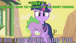 Size: 639x358 | Tagged: safe, edit, edited screencap, editor:undeadponysoldier, imported from derpibooru, screencap, twilight sparkle, dragon, pony, unicorn, over a barrel, brony, caption, crying, hug, image macro, leg hug, male, sad, sniffing, text, the old days, unicorn twilight
