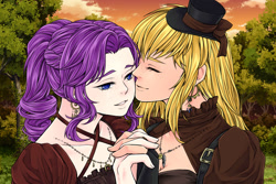 Size: 900x600 | Tagged: safe, artist:rinmaru, imported from derpibooru, applejack, rarity, human, blushing, eyes closed, female, holding hands, humanized, lesbian, rarijack, rinmarugames, shipping