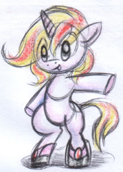 Size: 520x726 | Tagged: safe, artist:retl, imported from derpibooru, oc, oc only, oc:serenity (fallout equestria: heroes), pony, unicorn, bipedal, boots, female, filly, shoes, shoes only, solo, traditional art
