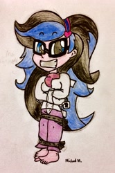 Size: 1773x2672 | Tagged: safe, artist:michaelmaddox222, imported from derpibooru, oc, oc:indigo shadow, human, equestria girls, barefoot, belts, bondage, clothes, colored, duct tape, feet, female, glasses, headband, looking at you, padlock, pants, pencil drawing, scarf, signature, solo, straitjacket, tape, traditional art