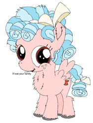 Size: 770x1024 | Tagged: safe, artist:danksailor, imported from derpibooru, cozy glow, pony, chest fluff, cozybetes, cute, dialogue, female, fluffy, golly, golly loli, pure concentrated unfiltered evil of the utmost potency, pure unfiltered evil, solo