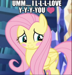 Size: 956x1000 | Tagged: safe, edit, edited screencap, imported from derpibooru, screencap, fluttershy, pegasus, pony, scare master, bashful, blush sticker, blushing, bronybait, caption, cropped, cute, daaaaaaaaaaaw, female, hnnng, i love you, image macro, looking away, mare, needs more jpeg, shy, shyabetes, smiling, solo, talking to viewer, text