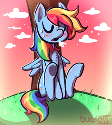 Size: 843x938 | Tagged: safe, artist:duckoiii, imported from derpibooru, rainbow dash, pony, blushing, cloud, eyes closed, female, heart, heart hoof, hoof heart, resting, solo, sweat, under the tree, underhoof