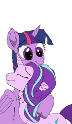 Size: 596x1024 | Tagged: safe, artist:danksailor, imported from derpibooru, starlight glimmer, twilight sparkle, alicorn, pony, unicorn, affection, chest fluff, cuddling, cute, ear fluff, female, fluffy, friendship, non-romantic pairing, platonic, platonic cuddling, simple background, twilight sparkle (alicorn), white background