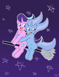 Size: 2000x2600 | Tagged: safe, artist:leslers, imported from derpibooru, starlight glimmer, trixie, pony, unicorn, broom, female, flying, flying broomstick, lesbian, shipping, stars, startrix