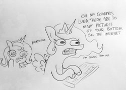 Size: 1200x864 | Tagged: safe, artist:tjpones, imported from derpibooru, princess celestia, princess luna, alicorn, pony, crying, duo, female, internet, keyboard, monochrome, open mouth, rule 34, s1 luna